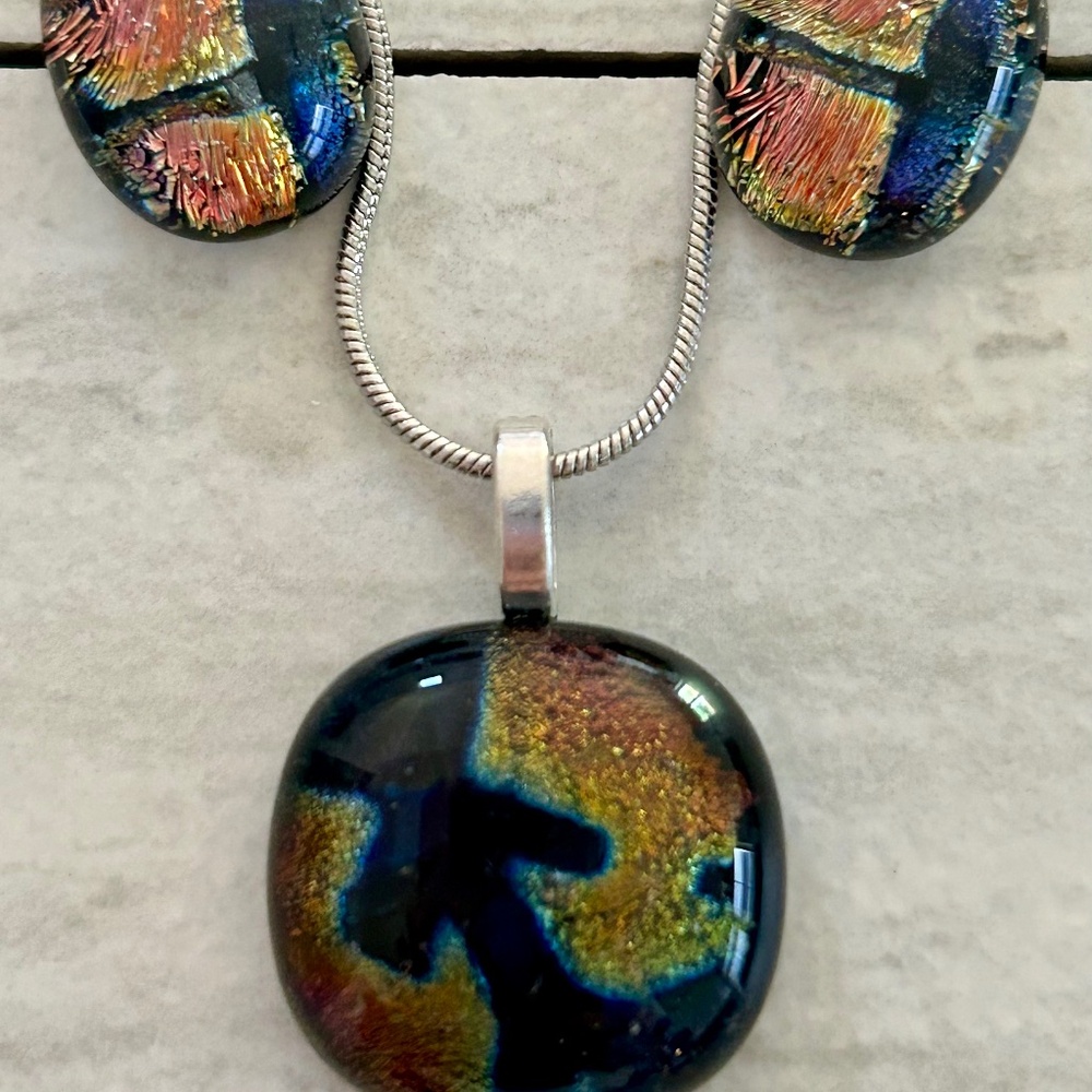 Black, gold and green dichroic fused glass pendant and earring set